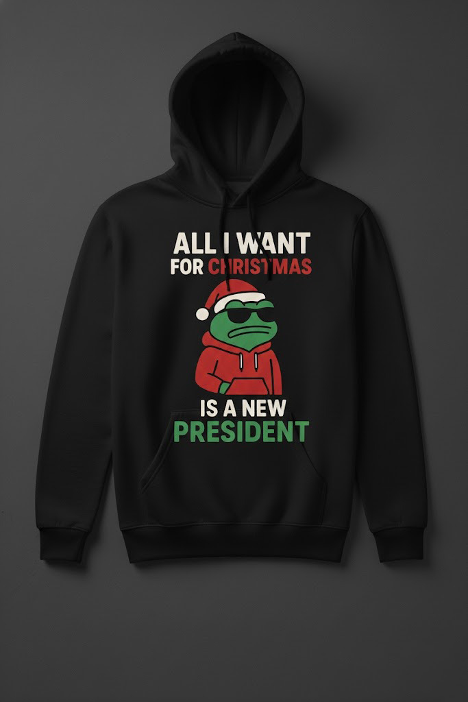 Festive All I Want For Christmas is A New President Frog Shirt featuring a calendar box and 24 acrylic Christmas ornaments.