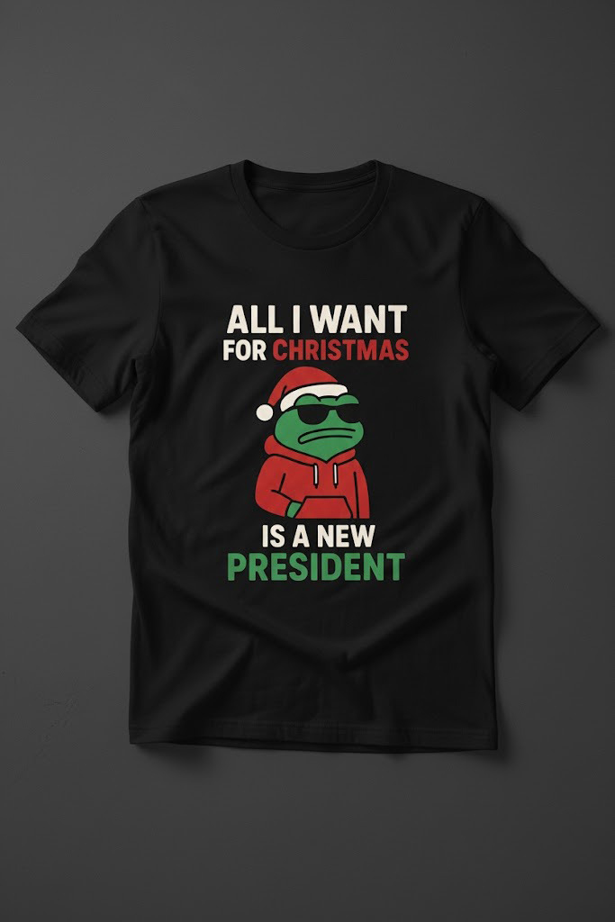 Festive All I Want For Christmas is A New President Frog Shirt featuring a calendar box and 24 acrylic Christmas ornaments.