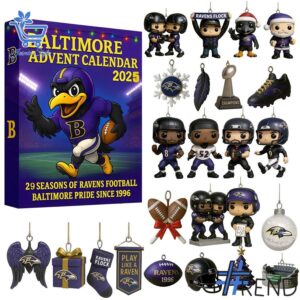 Festive 1 Baltimore Ravens Advent Calendar 2025 featuring a calendar box and 24 acrylic Christmas ornaments.
