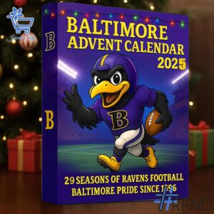 Festive 2 Baltimore Ravens Advent Calendar 2025 featuring a calendar box and 24 acrylic Christmas ornaments.