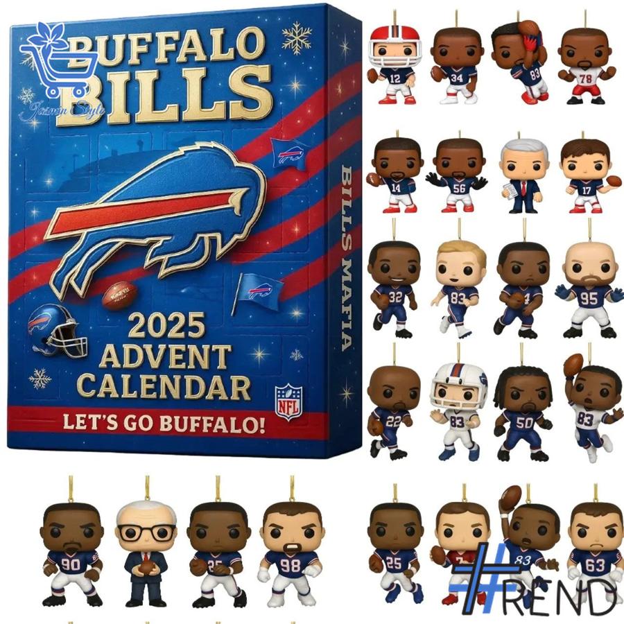 Festive 1 Buffalo Bills Advent Calendar 2025 featuring a calendar box and 24 acrylic Christmas ornaments.
