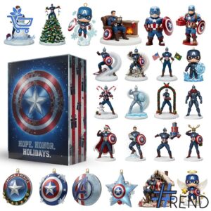 Festive 1 Captain America Advent Calendar 2025 featuring a calendar box and 24 acrylic Christmas ornaments.
