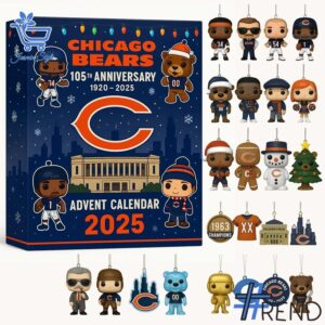 Festive 1 Chicago Bears Advent Calendar 2025 featuring a calendar box and 24 acrylic Christmas ornaments.