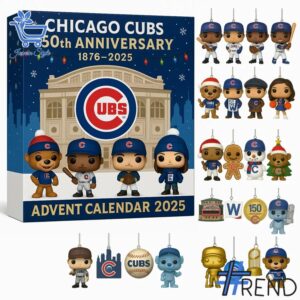 Festive 1 Chicago Cubs Advent Calendar 2025 featuring a calendar box and 24 acrylic Christmas ornaments.