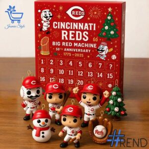 Festive 1 Cincinnati Reds 50th Anniversary Advent Calendar 2025 featuring a calendar box and 24 acrylic Christmas ornaments.