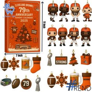 Festive 1 Cleveland Browns 79th Anniversary Advent Calendar 2025 featuring a calendar box and 24 acrylic Christmas ornaments.