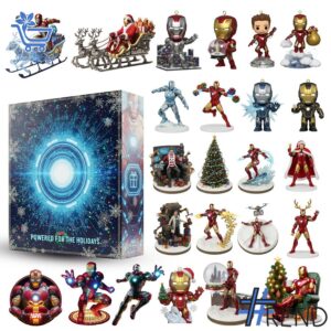 Festive 1 Iron Man Christmas Advent Calendar 2025 featuring a calendar box and 24 acrylic Christmas ornaments.