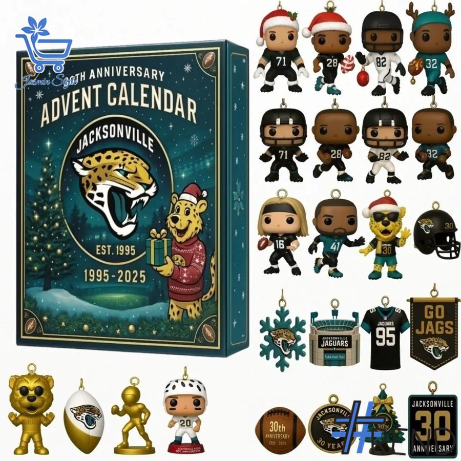 Holiday 1 Jacksonville Jaguars 30th Anniversary Advent Calendar 2025 with premium acrylic ornaments.