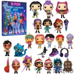 Festive 1 KPop Demon Hunters Advent Calendar 2025 featuring a calendar box and 24 acrylic Christmas ornaments.