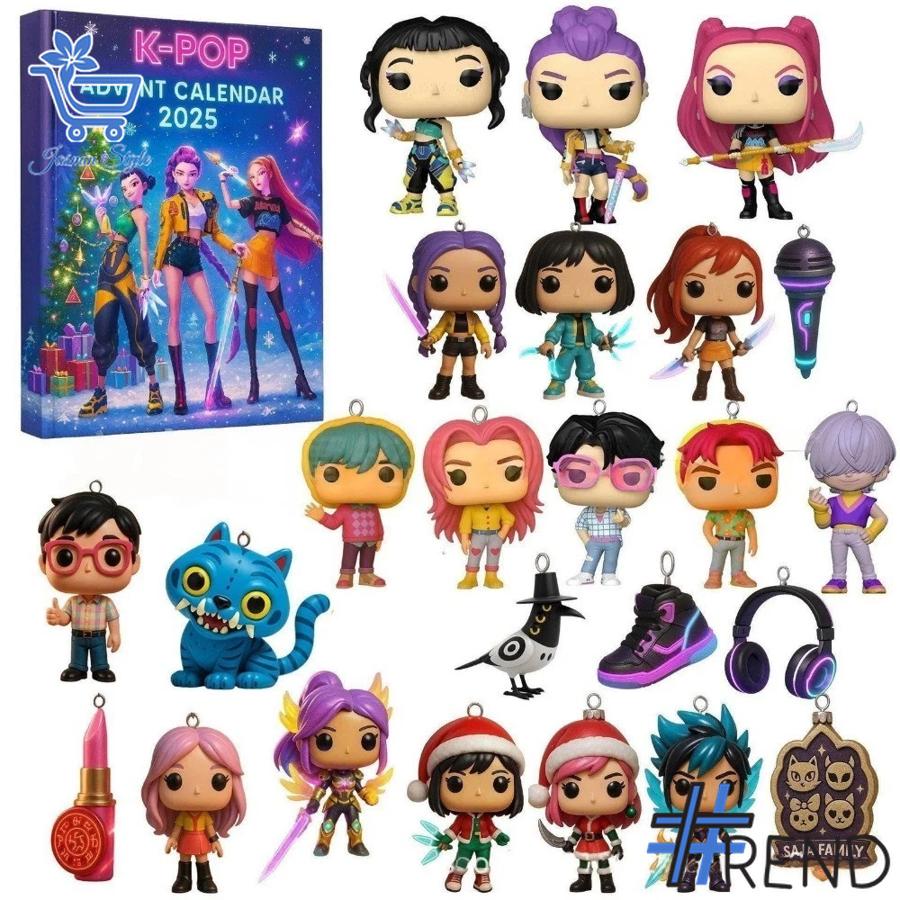 Festive 1 KPop Demon Hunters Advent Calendar 2025 featuring a calendar box and 24 acrylic Christmas ornaments.