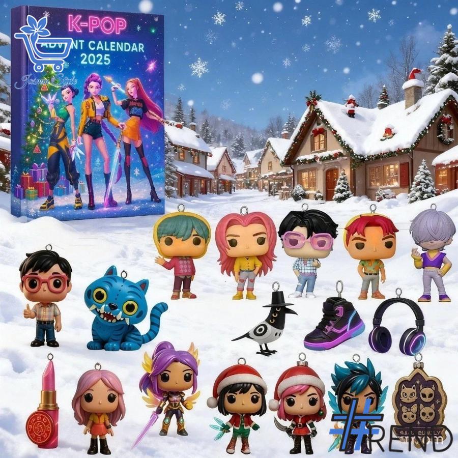Festive 3 KPop Demon Hunters Advent Calendar 2025 featuring a calendar box and 24 acrylic Christmas ornaments.