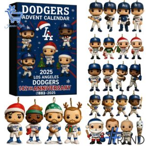 Festive 1 Los Angeles Dodgers Advent Calendar 2025 featuring a calendar box and 24 acrylic Christmas ornaments.