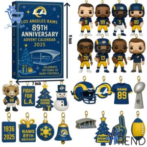 Festive 1 Los Angeles Rams Advent Calendar 2025 featuring a calendar box and 24 acrylic Christmas ornaments.