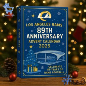 Festive 2 Los Angeles Rams Advent Calendar 2025 featuring a calendar box and 24 acrylic Christmas ornaments.
