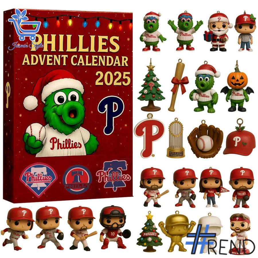Festive 1 Philadelphia Phillies Christmas Advent Calendar 2025 featuring a calendar box and 24 acrylic Christmas ornaments.
