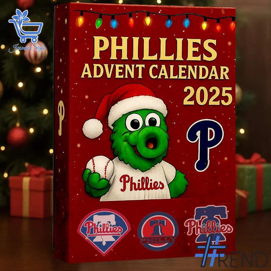 Festive 3 Philadelphia Phillies Christmas Advent Calendar 2025 featuring a calendar box and 24 acrylic Christmas ornaments.