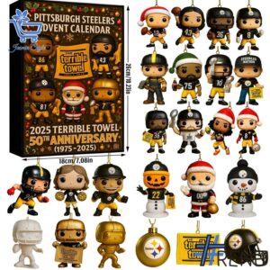 Festive 1 Pittsburgh Steelers Christmas Advent Calendar 2025 featuring a calendar box and 24 acrylic Christmas ornaments.