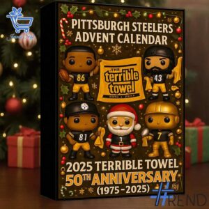Festive 2 Pittsburgh Steelers Christmas Advent Calendar 2025 featuring a calendar box and 24 acrylic Christmas ornaments.
