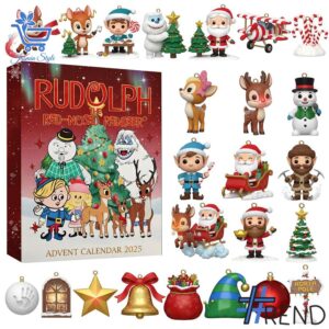 Holiday 1 Rudolph Red Nosed Reindeer Advent Calendar 2025 with premium acrylic ornaments.