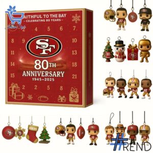 Festive 1 San Francisco 49ers 80th Anniversary Advent Calendar 2025 featuring a calendar box and 24 acrylic Christmas ornaments.