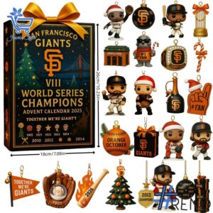 Festive 1 San Francisco Giants Christmas Advent Calendar 2025 featuring a calendar box and 24 acrylic Christmas ornaments.