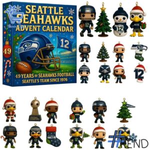 Festive 1 Seattle Seahawks Advent Calendar 2025 featuring a calendar box and 24 acrylic Christmas ornaments.