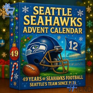 Festive 2 Seattle Seahawks Advent Calendar 2025 featuring a calendar box and 24 acrylic Christmas ornaments.
