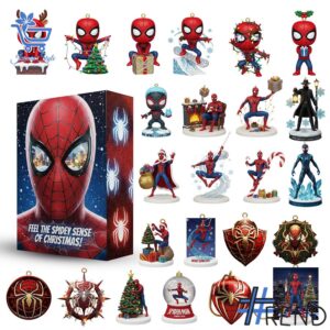 Festive 1 Spider Man Christmas Advent Calendar 2025 featuring a calendar box and 24 acrylic Christmas ornaments.
