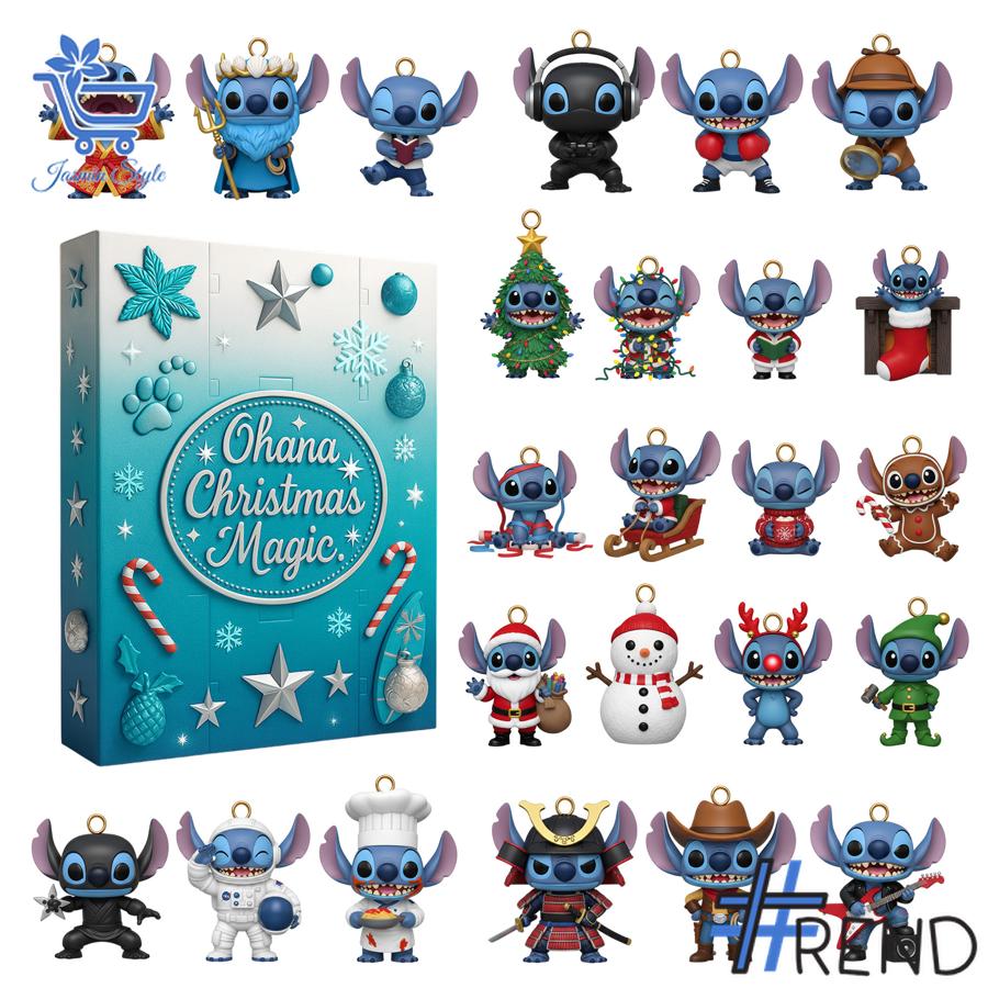 Festive 1 Stitch Christmas Advent Calendar 2025 featuring a calendar box and 24 acrylic Christmas ornaments.