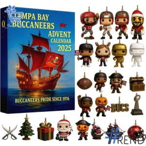 Festive 1 Tampa Bay Buccaneers Advent Calendar 2025 featuring a calendar box and 24 acrylic Christmas ornaments.